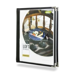 Leather-bound menu folder standing upright, displaying a cover image of a blue plate with cheesecake, labeled LOFT RINGO Premium (premium menu folder).