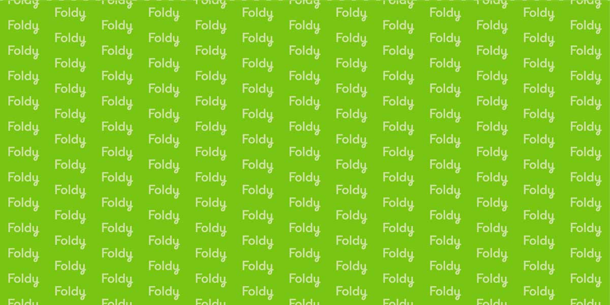 Bright green background with a seamless white 'Foldy' text pattern.