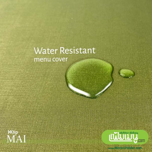 Close-up of a green water droplet on a textured olive surface with the text 'Water Resistant menu cover' and brand logos.