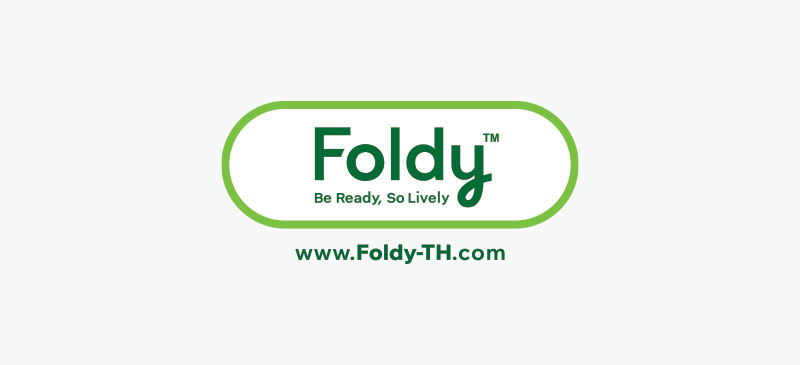 Foldy logo: green rounded oval border, 'Foldy' text with slogan 'Be Ready, So Lively', www.Foldy-TH.com