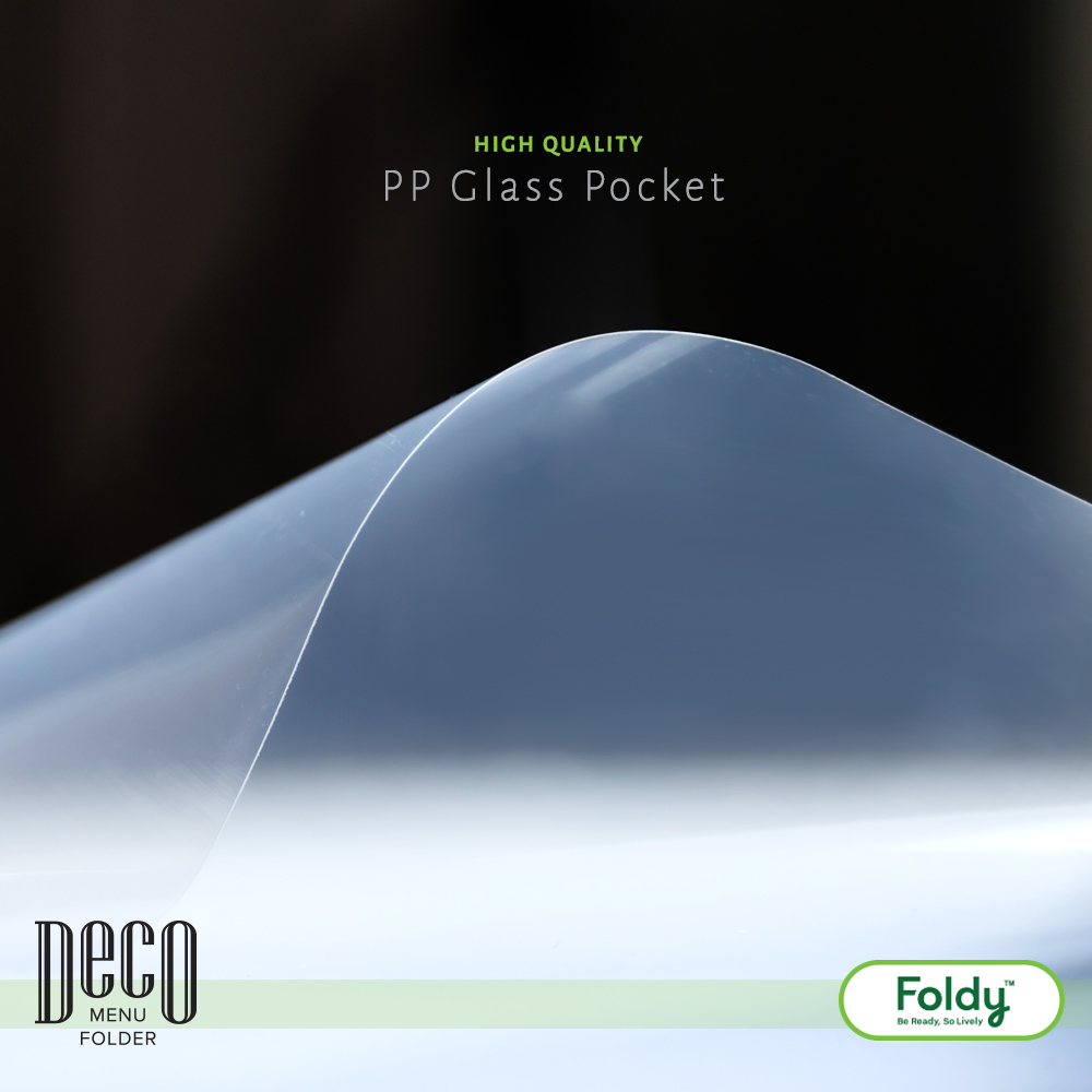 Close-up of a curved transparent PP Glass Pocket sheet with branding text 'High Quality PP Glass Pocket' at the top and logos at the bottom corners.