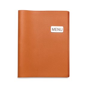 Deco_Caramel_1 | แฟ้มเมนู Foldy ( Menu1Folder ) Brown leather menu cover with a white 'MENU' label on the front.