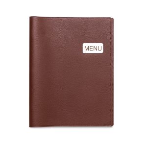 Brown textured leather menu cover with a small white 'MENU' label on the front.