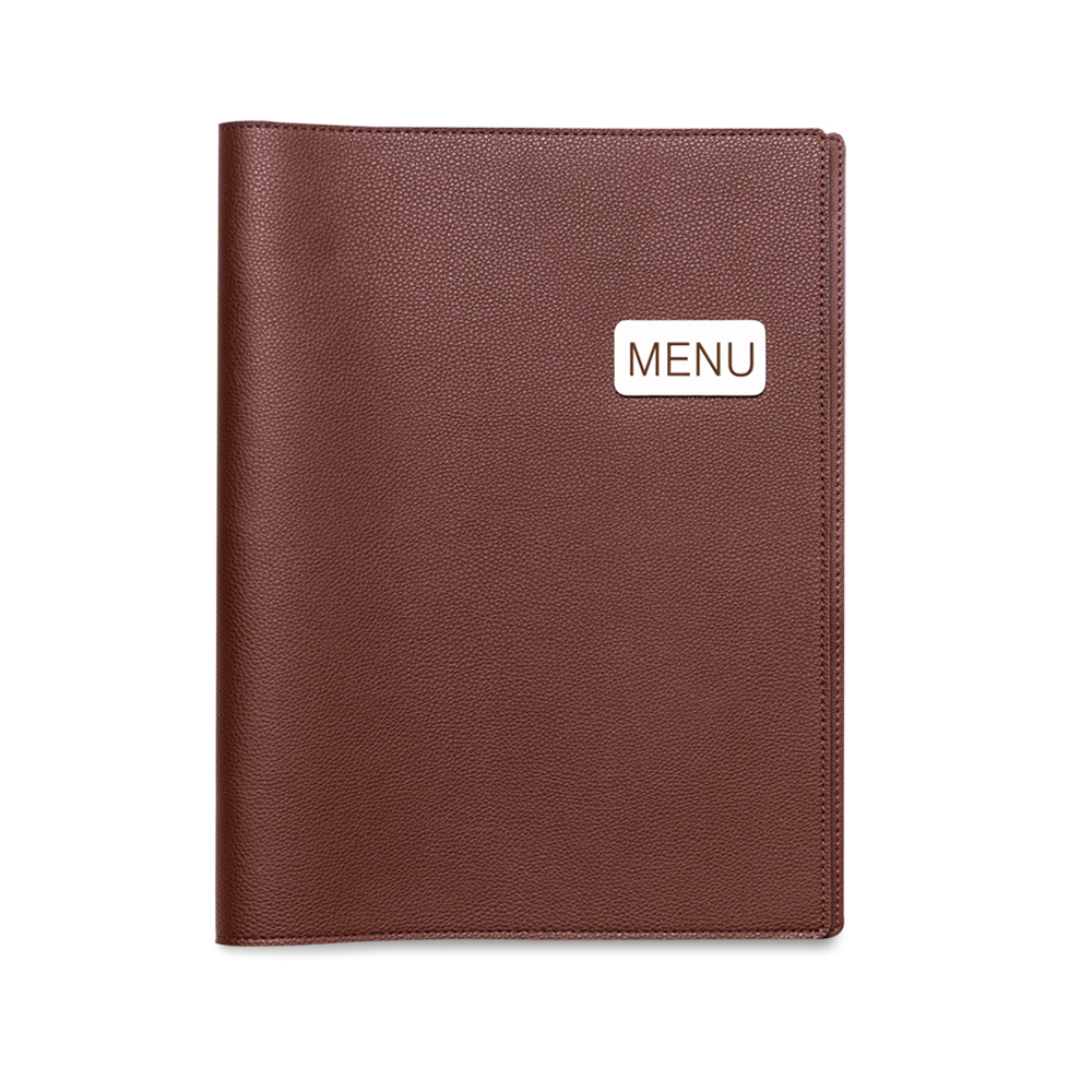 Brown textured leather menu cover with a small white 'MENU' label on the front.
