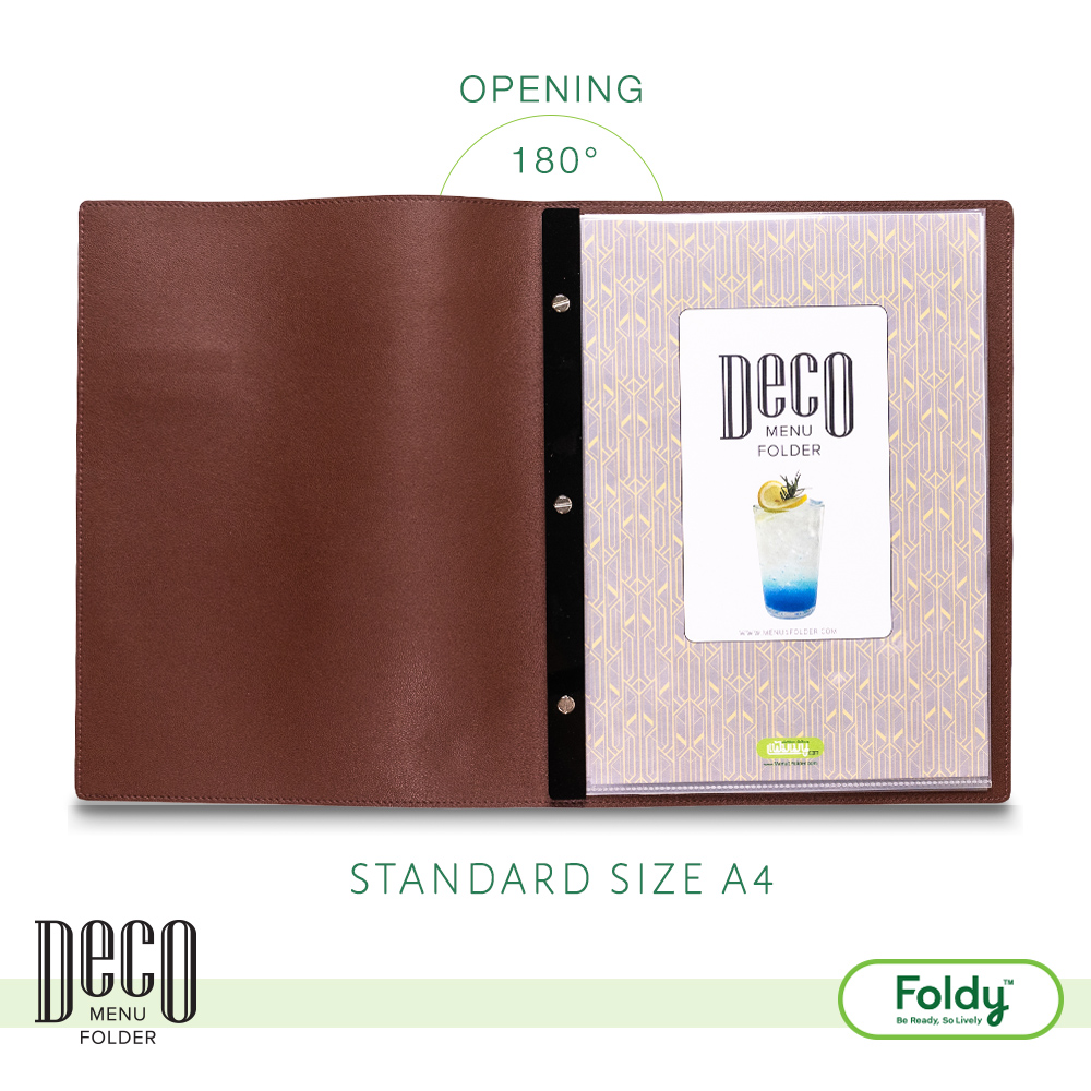 Brown leather menu folder opened flat to show an A4 insert with a decorative pattern inside.
