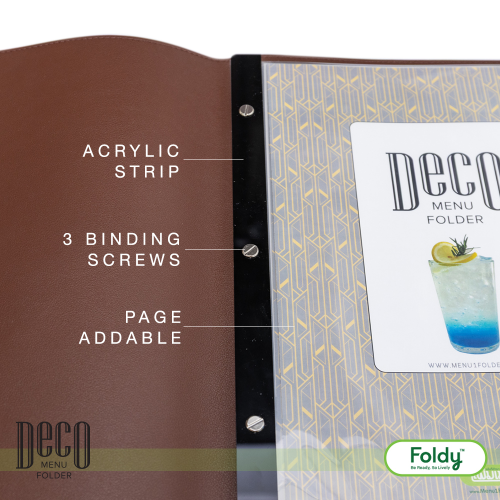 Close-up of a Deco menu folder showing an acrylic strip, three binding screws, and addable pages in a patterned insert.