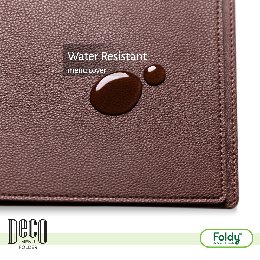 Brown textured menu cover with water droplets; label reads 'Water Resistant menu cover'