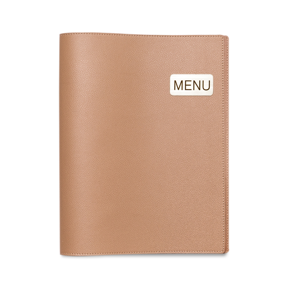 Deco_Latte_1 | แฟ้มเมนู Foldy ( Menu1Folder ) Tan brown menu cover with a small white 'MENU' label on the front