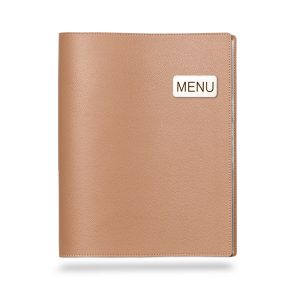 Deco_Latte_1B | แฟ้มเมนู Foldy ( Menu1Folder ) Tan leather menu cover with a small white 'MENU' badge on the front.