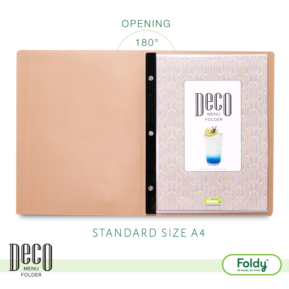Deco_Latte_2 | แฟ้มเมนู Foldy ( Menu1Folder ) Beige A4 menu folder opened flat to show patterned interior and card slot.