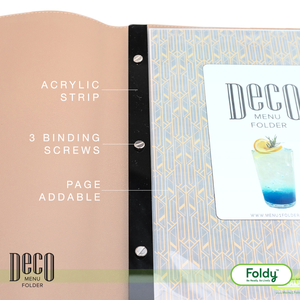 Deco_Latte_3 | แฟ้มเมนู Foldy ( Menu1Folder ) Close-up of a Deco Menu Folder showing an acrylic strip, three binding screws, and addable pages.