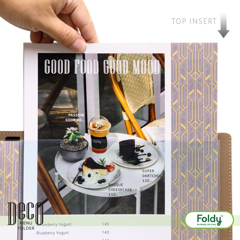 Deco_Latte_4 | แฟ้มเมนู Foldy ( Menu1Folder ) Open menu folder with a photo of desserts on a white table; prominent text reads 'GOOD FOOD GOOD MOOD'.