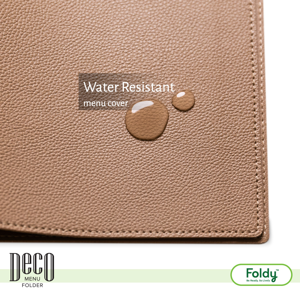 Deco_Latte_6 | แฟ้มเมนู Foldy ( Menu1Folder ) Brown textured leather menu cover with a 'Water Resistant menu cover' label; stitched edge and bottom logos.