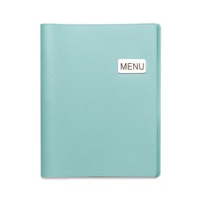 Deco_Minty_1 | แฟ้มเมนู Foldy ( Menu1Folder ) Teal leather notebook with a white label reading MENU on the front cover