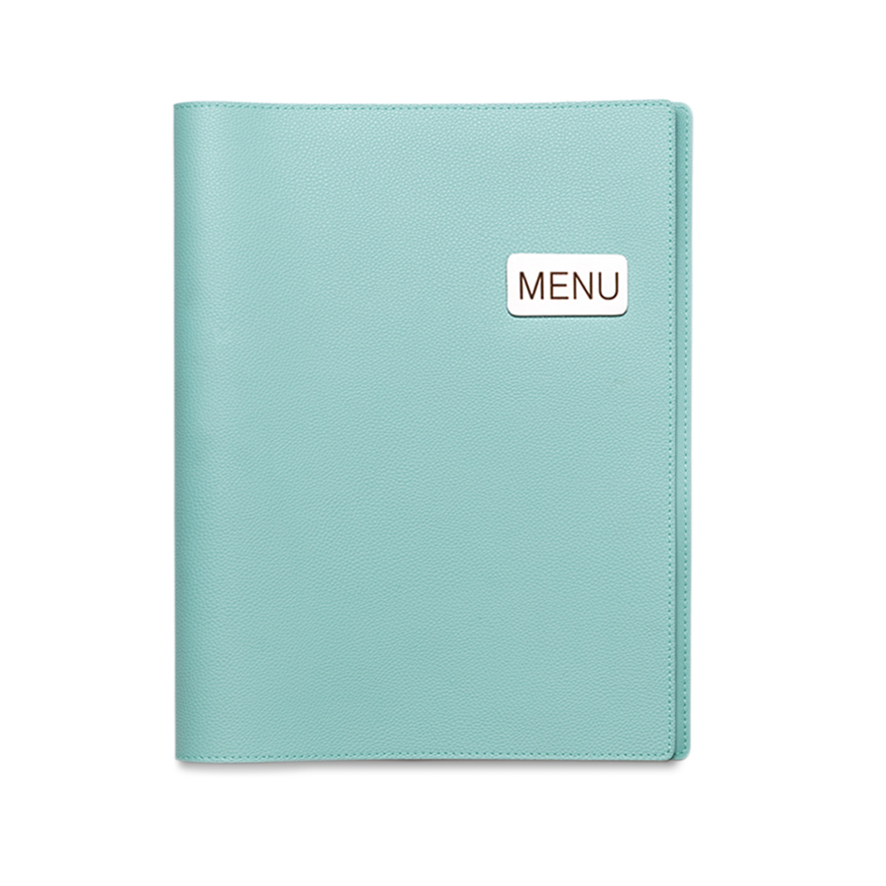 Deco_Minty_1 | แฟ้มเมนู Foldy ( Menu1Folder ) Teal leather notebook with a white label reading MENU on the front cover