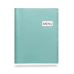 Deco_Minty_1B | แฟ้มเมนู Foldy ( Menu1Folder ) Turquoise leather menu binder with a white 'MENU' label on the front.