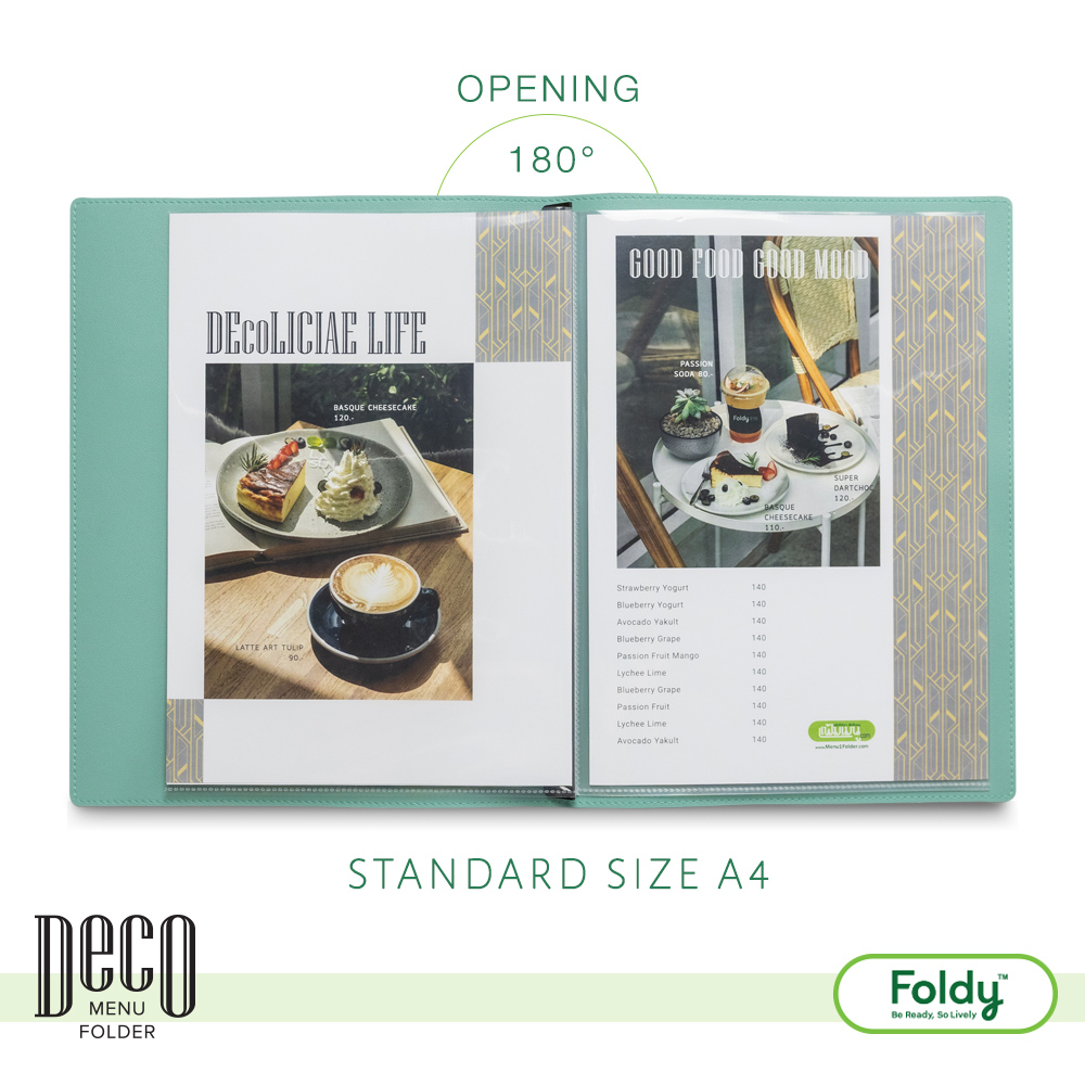 Deco_Minty_2 | แฟ้มเมนู Foldy ( Menu1Folder ) Mint green A4 menu folder opened flat, showing two-page restaurant menu with photos and text.