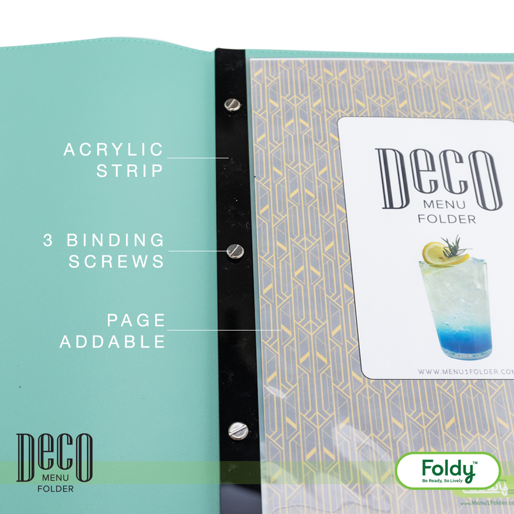 Deco_Minty_3 | แฟ้มเมนู Foldy ( Menu1Folder ) Close-up of a Deco Menu Folder: aqua cover, black spine with three binding screws, and a patterned insert page; highlights an acrylic strip and addable pages.
