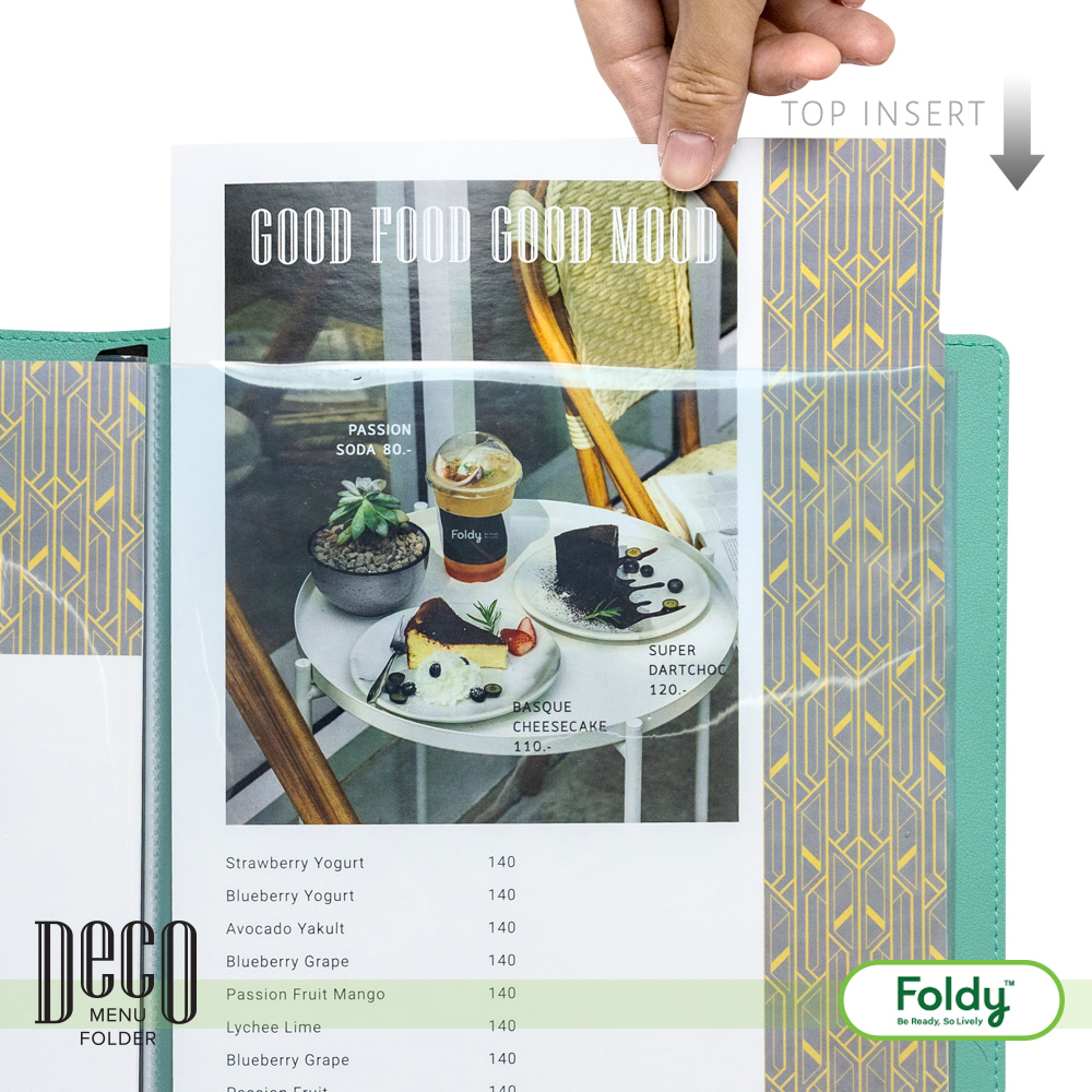Deco_Minty_4 | แฟ้มเมนู Foldy ( Menu1Folder ) Decorative menu folder with patterned cover; a hand pulls out a top insert reading 'GOOD FOOD GOOD MOOD' over a photo of desserts and drinks.