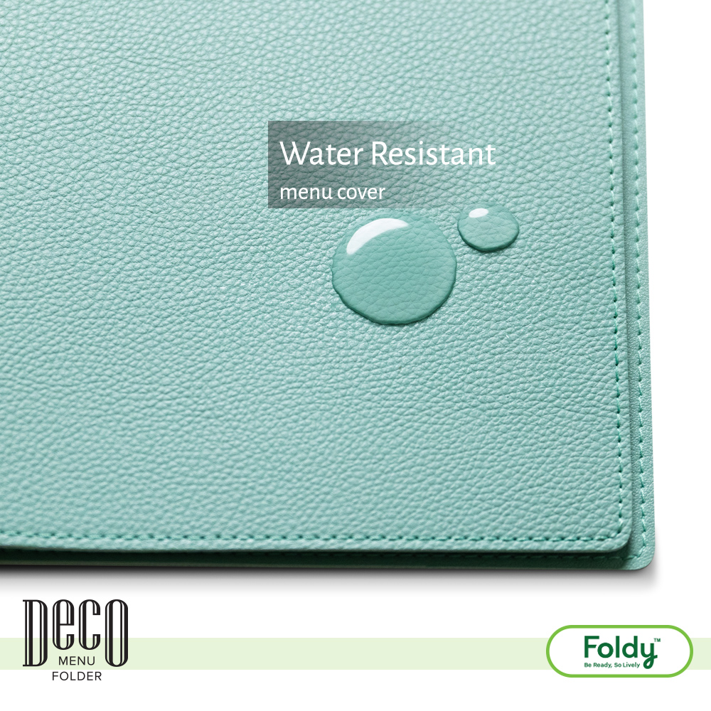 Deco_Minty_6 | แฟ้มเมนู Foldy ( Menu1Folder ) Close-up of turquoise leather menu cover with two water droplets and a translucent label reading Water Resistant menu cover.