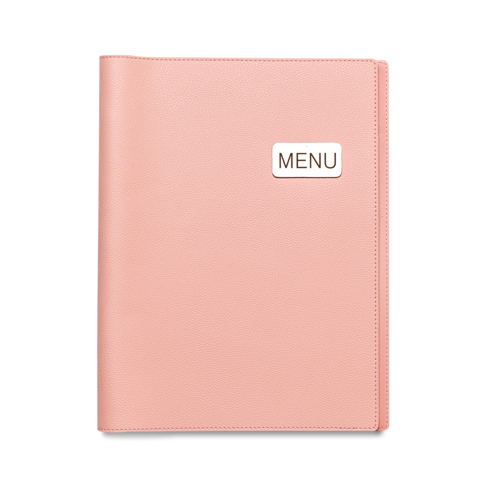 Deco_Salmonpink_1 | แฟ้มเมนู Foldy ( Menu1Folder ) Pink leather menu cover with a white badge reading MENU on the front.