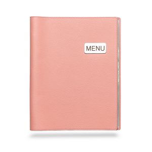 Deco_Salmonpink_1B | แฟ้มเมนู Foldy ( Menu1Folder ) Pink textured leather menu cover with a white 'MENU' badge on the front.