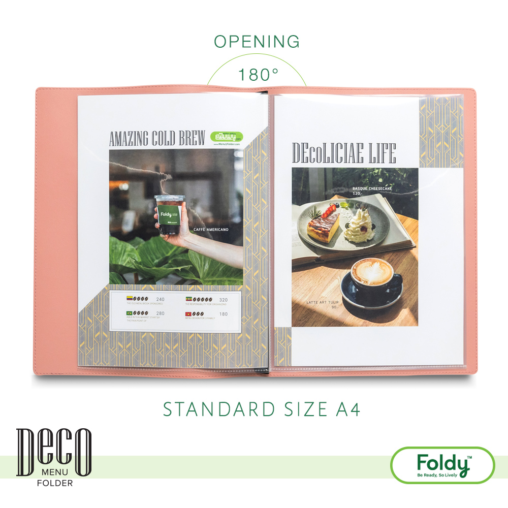 Deco_Salmonpink_2 | แฟ้มเมนู Foldy ( Menu1Folder ) Pink Deco Menu Folder opened flat to reveal two-page spread and 180° opening, labeled Standard Size A4.