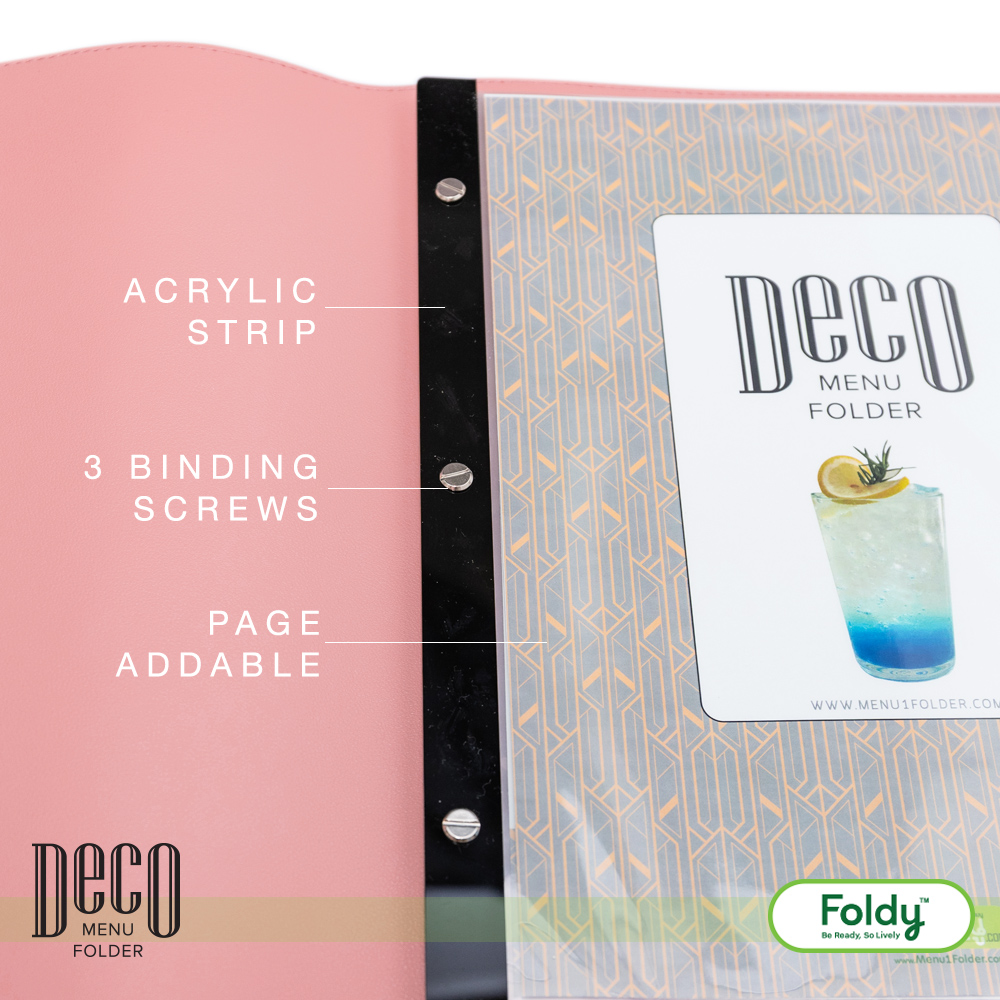Deco_Salmonpink_3 | แฟ้มเมนู Foldy ( Menu1Folder ) Close-up of a pink Deco Menu Folder spine with three metal screws and a patterned page insert visible behind.
