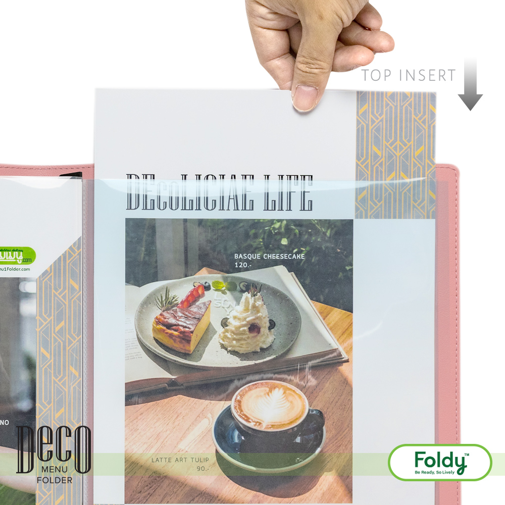 Deco_Salmonpink_4 | แฟ้มเมนู Foldy ( Menu1Folder ) Hand inserting a top insert into a decorative menu folder labeled 'Deco Life' with a photo of cake and latte on the page.