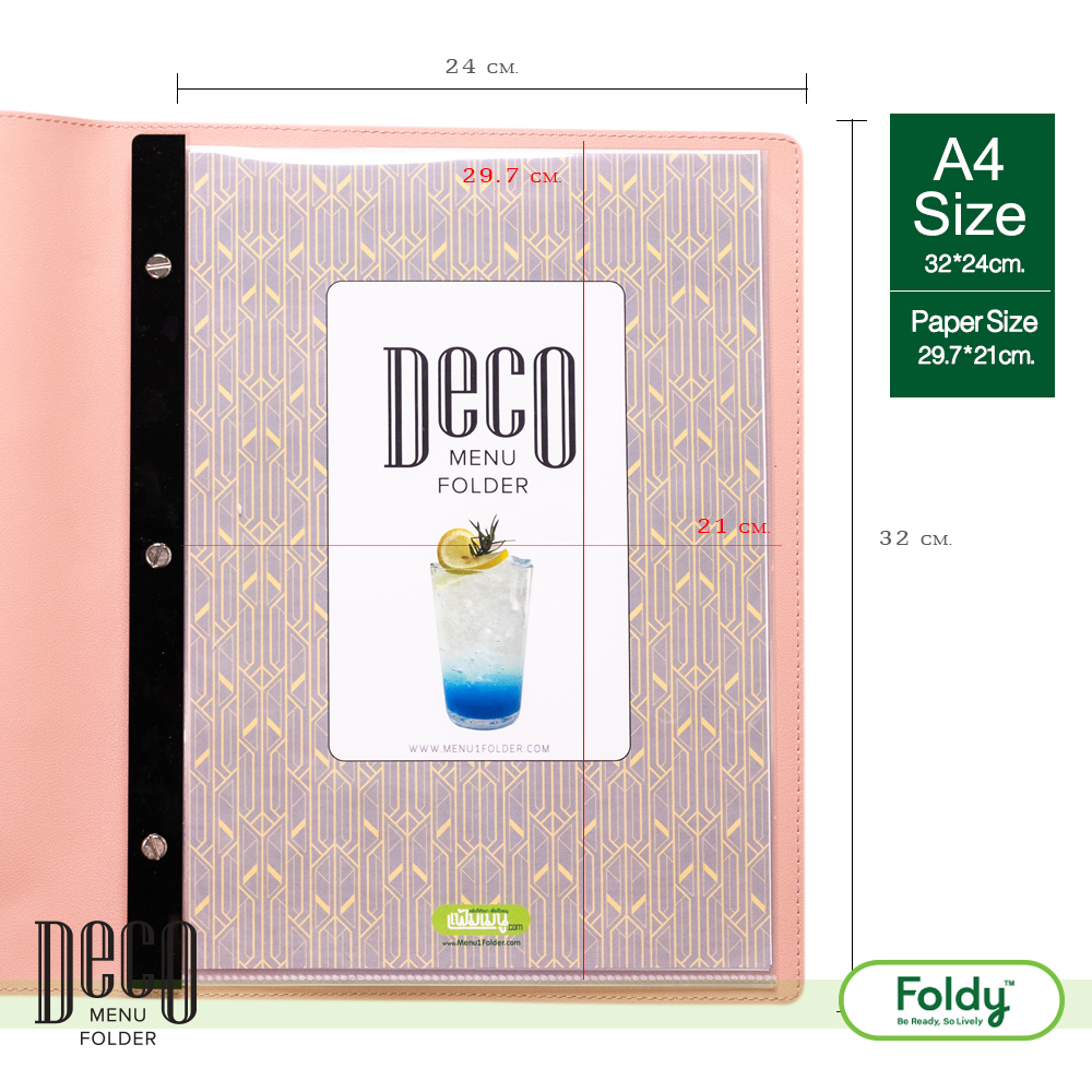 Deco_Salmonpink_5 | แฟ้มเมนู Foldy ( Menu1Folder ) Pink glossy menu folder opened to show patterned interior and a centered card reading 'DECO MENU FOLDER' inside the front pocket, with dimensions labeled (24 cm wide, 21 cm tall) and A4 size noted on the right.