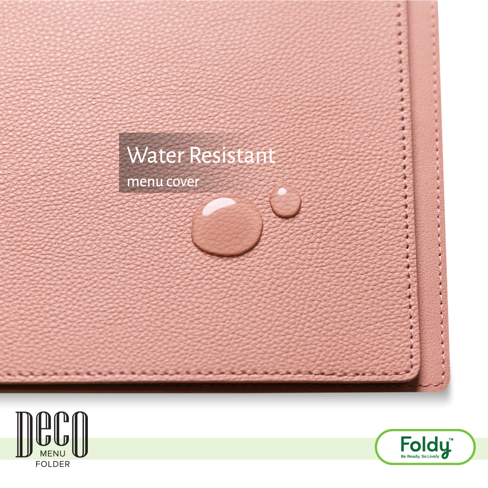 Deco_Salmonpink_6 | แฟ้มเมนู Foldy ( Menu1Folder ) Pink textured leather menu cover with two water droplets and a translucent label reading 'Water Resistant menu cover'.