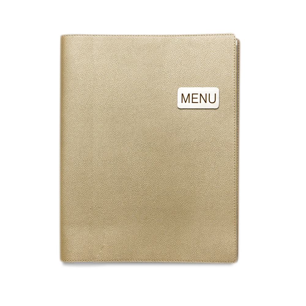 Deco_honey-Gold_1 | แฟ้มเมนู Foldy ( Menu1Folder ) Gold textured menu cover with a white 'MENU' label on it.