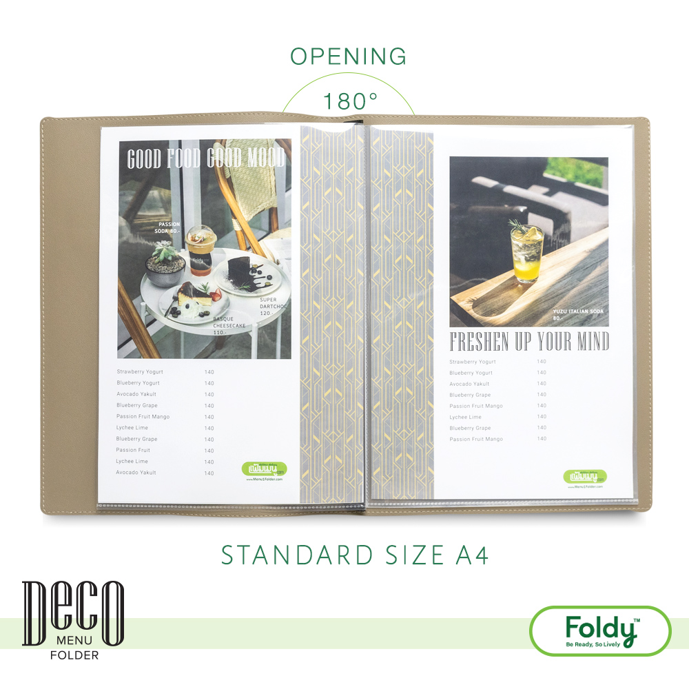 Deco_honey-Gold_2 | แฟ้มเมนู Foldy ( Menu1Folder ) Beige leather menu folder open to a two-page menu spread showing drinks and desserts, with 'Opening 180°' and 'Standard Size A4' labels above and below.