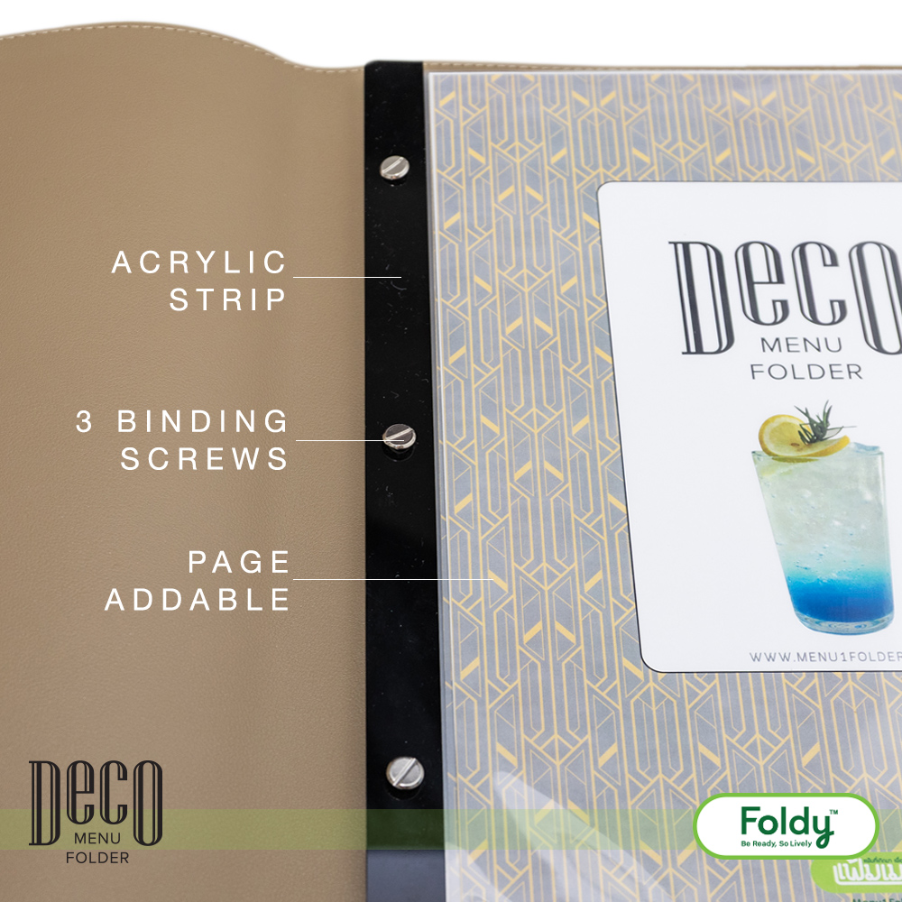 Deco_honey-Gold_3 | แฟ้มเมนู Foldy ( Menu1Folder ) Close-up of a Deco Menu Folder binder: acrylic strip, three screws, and addable pages on a patterned cover.