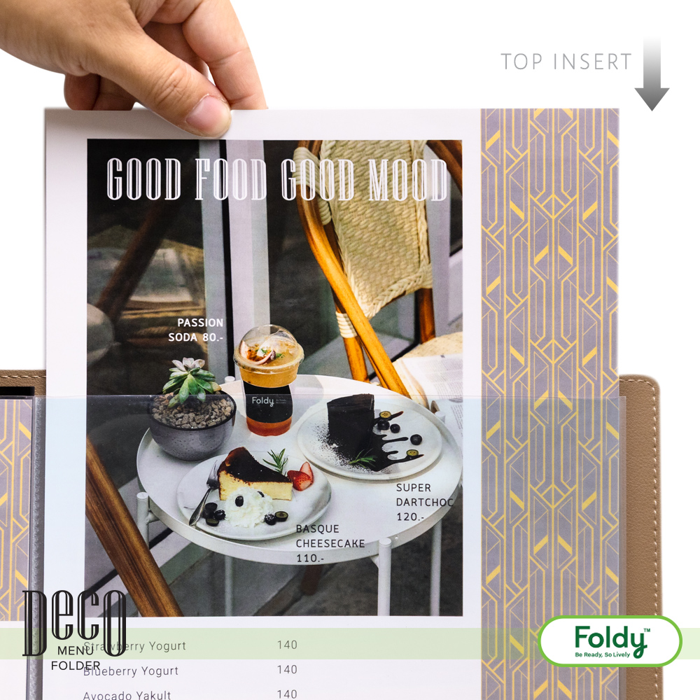 Deco_honey-Gold_4 | แฟ้มเมนู Foldy ( Menu1Folder ) Menu page showing desserts with a photo of cheesecake and a drink, a hand turning the page
