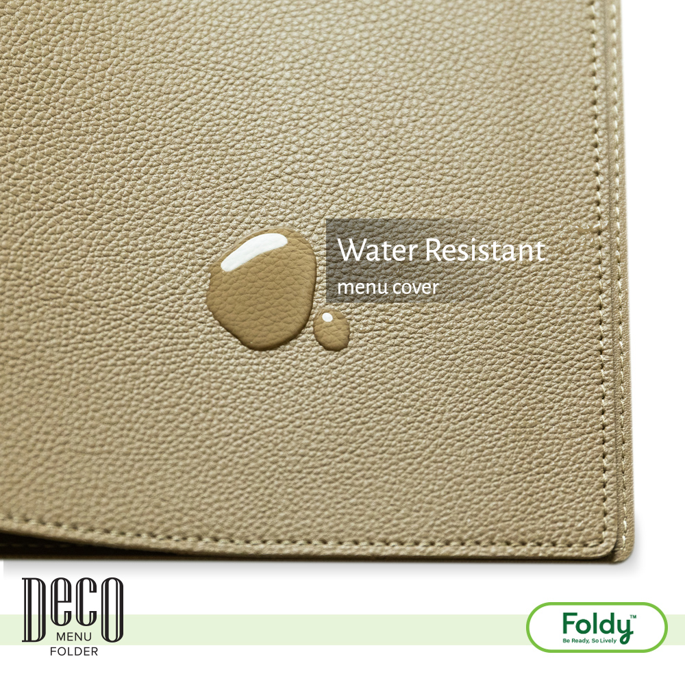 Deco_honey-Gold_6 | แฟ้มเมนู Foldy ( Menu1Folder ) Beige textured leather menu cover with two water droplets and an overlay reading 'Water Resistant menu cover'; bottom logos for Deco Menu Folder and Foldy.