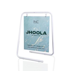 JhoolaWH-1 | แฟ้มเมนู Foldy ( Menu1Folder ) White metal A-frame sign stand displaying a blue poster labeled JHOOLA.