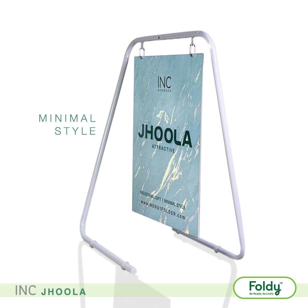 Metal A-frame display holding a tall blue poster with JHOOLA branding and INC logo.