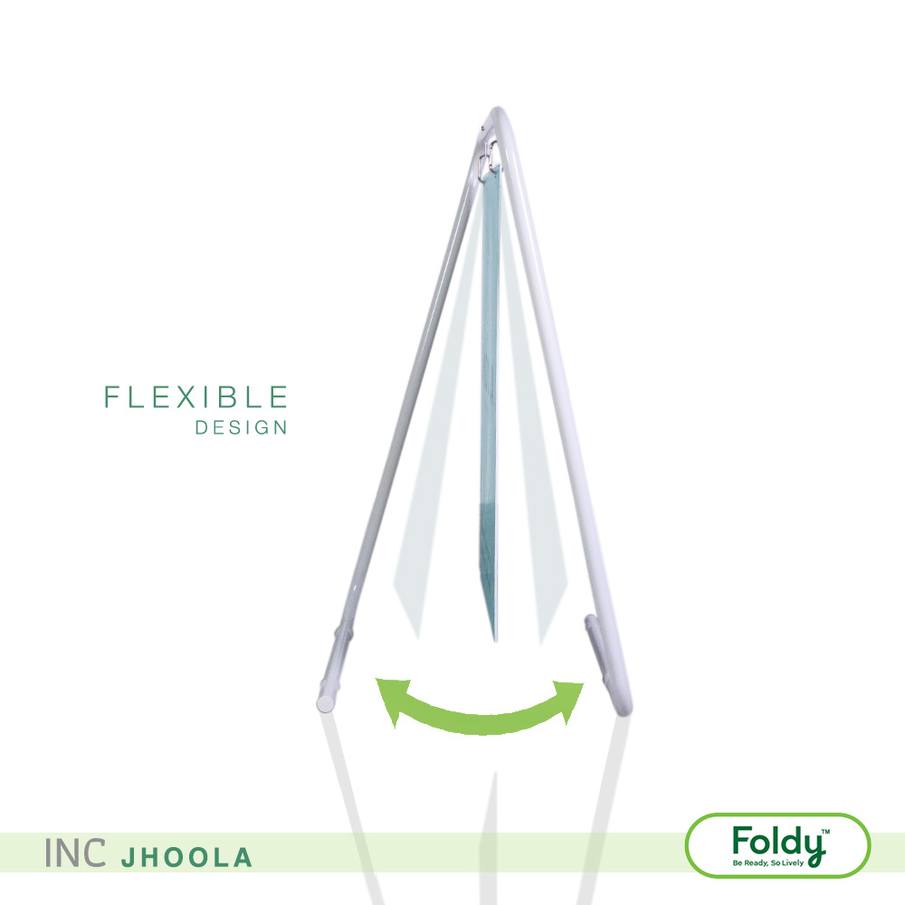 Foldable A-frame stand with two hinged legs and a central support, arrow showing folding motion (Foldy).