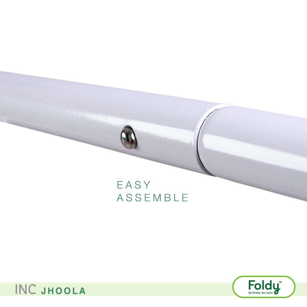 Close-up of a white tubular pole with a small screw, 'EASY ASSEMBLE' text beneath, Foldy branding at bottom right and INC JHoola branding along a pale green strip.