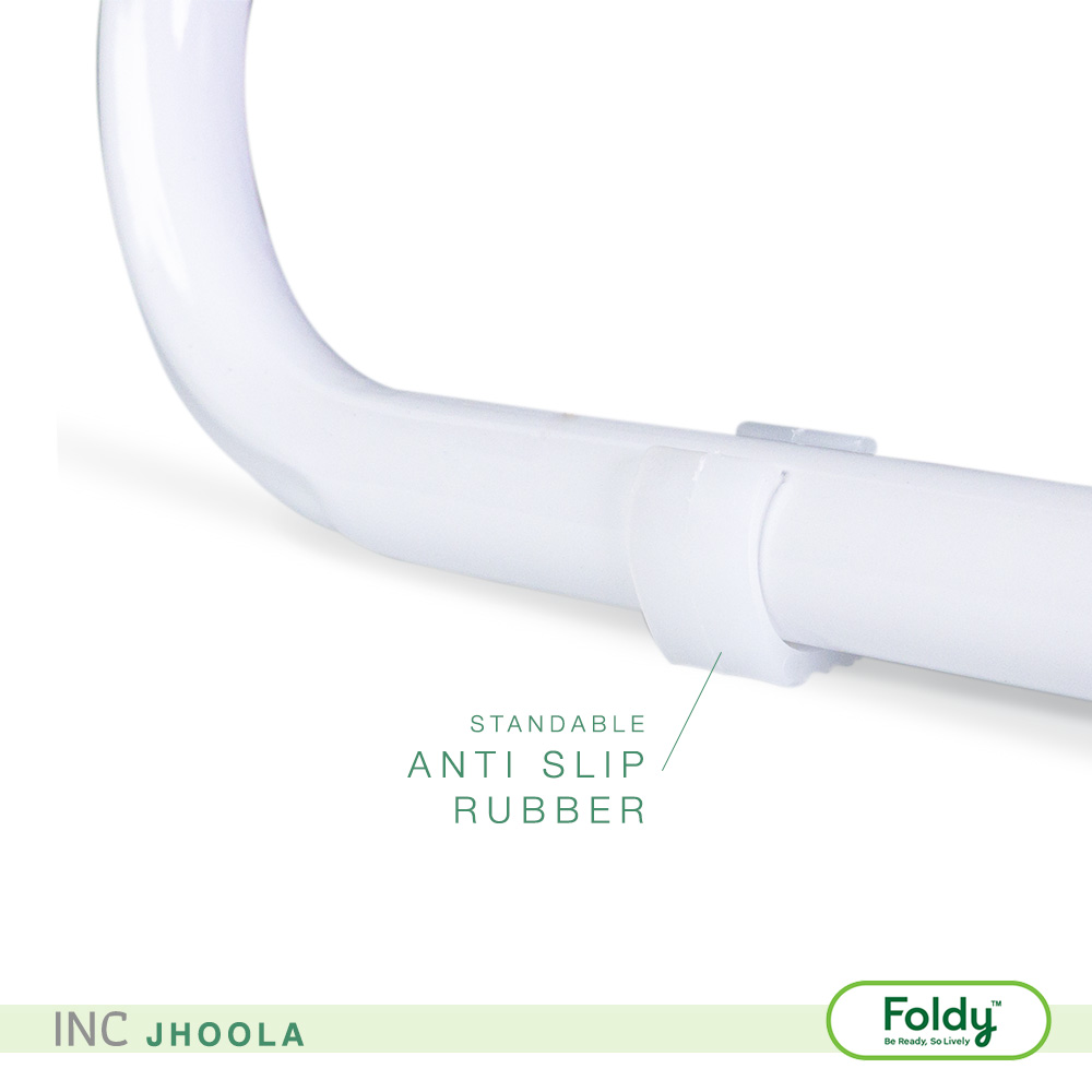 Close-up of a white curved tube featuring a standable anti-slip rubber component, with Foldy branding at the bottom-right corner.