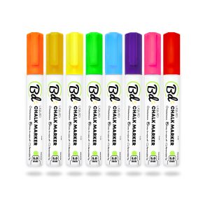 Row of eight Chalk Markers with colorful caps: orange, amber, yellow, lime green, sky blue, purple, pink, and red, all in white bodies.