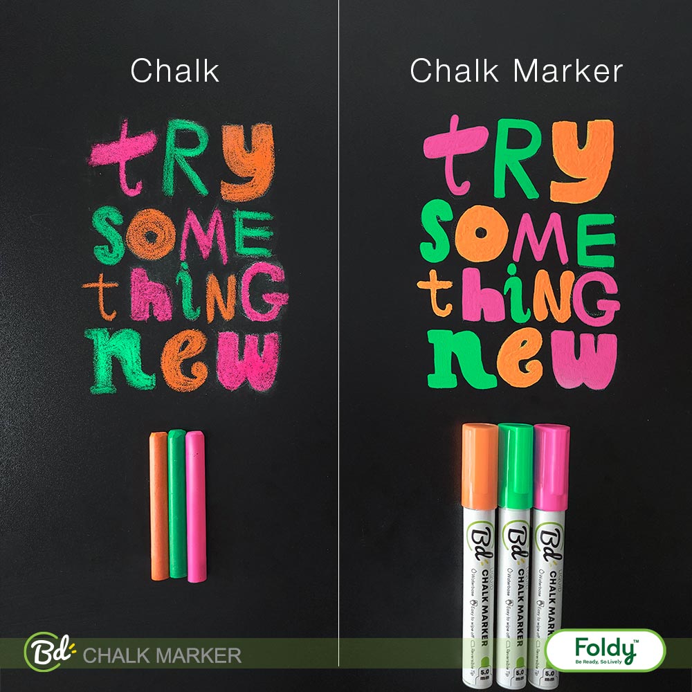 ChalkMarker-setColor_L03 | แฟ้มเมนู Foldy ( Menu1Folder ) Split-board image: left panel with colorful chalk writing 'Try Something New' and three chalk sticks; right panel with colorful 'Try Something New' lettering created by chalk markers and three marker pens visible.
