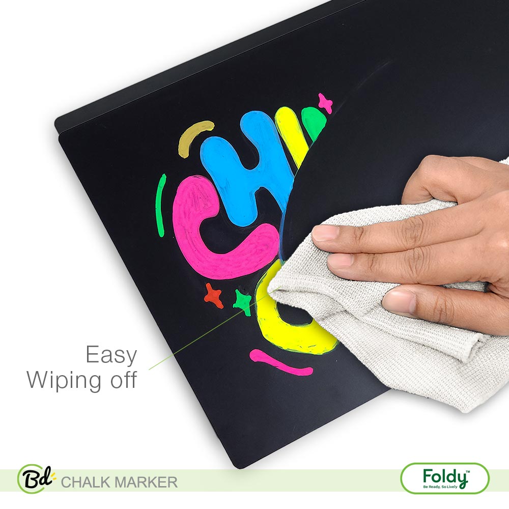 ChalkMarker-setColor_L04 | แฟ้มเมนู Foldy ( Menu1Folder ) Chalkboard being wiped clean with colorful marker shapes and the caption 'Easy Wiping off' indicating easy removal using a cloth.