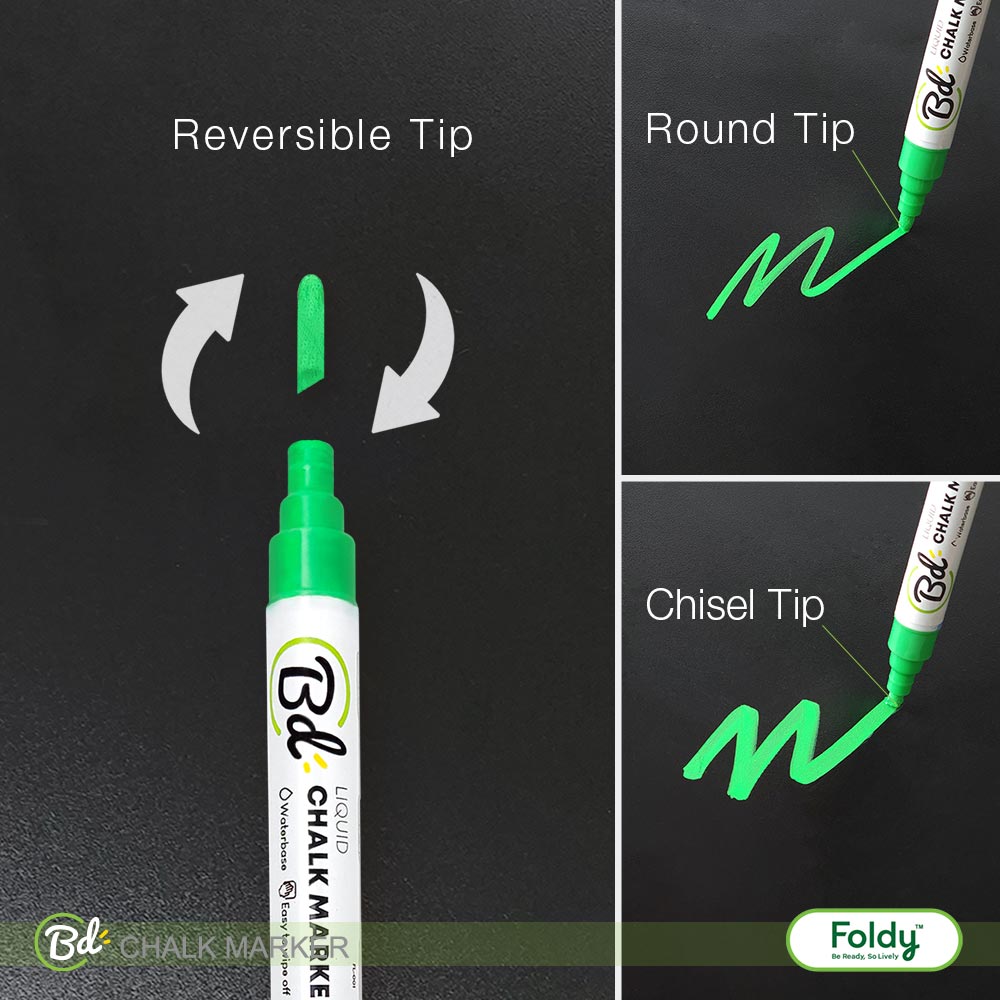 ChalkMarker-setColor_L05 | แฟ้มเมนู Foldy ( Menu1Folder ) Diagram of Bd chalk marker tips: reversible tip, round tip, and chisel tip shown with green writing on dark background.