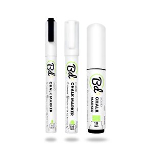 Set of three white Bold Chalk Markers with green accents; left and middle uncapped tips (3 mm and 5 mm), right capped (10 mm).
