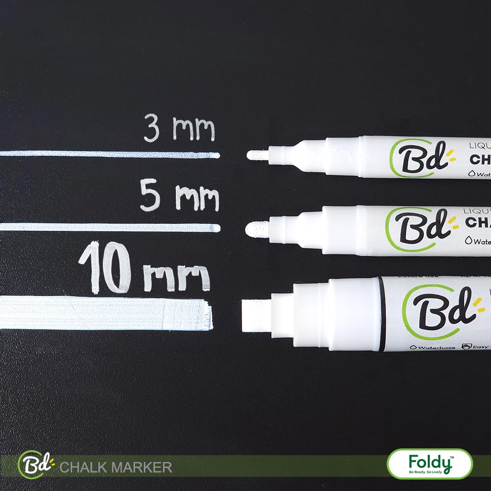 ChalkMarker-setWhite-02 | แฟ้มเมนู Foldy ( Menu1Folder ) Three white chalk markers aligned on a blackboard, showing line thickness: 3 mm, 5 mm, and 10 mm.