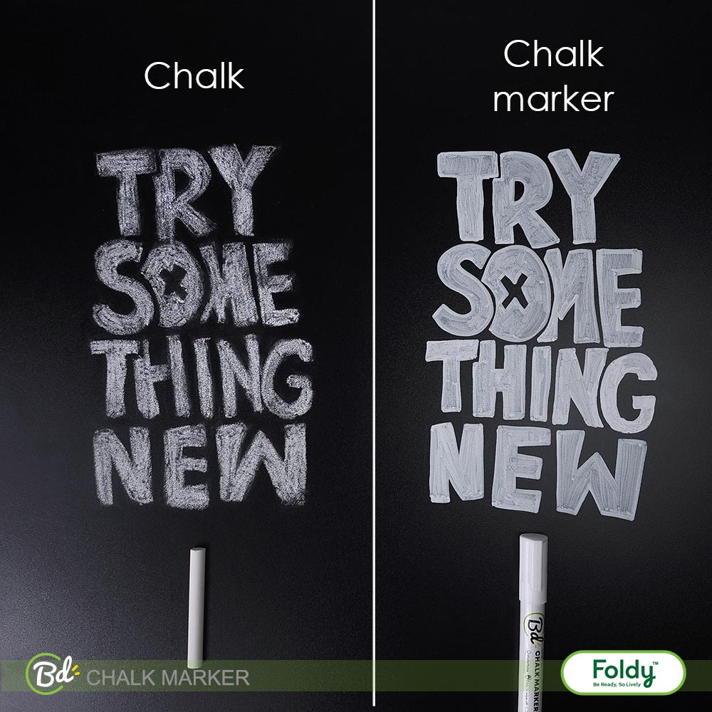 ChalkMarker-setWhite-03 | แฟ้มเมนู Foldy ( Menu1Folder ) Side-by-side: left shows chalk writing 'TRY SOME THING NEW' on a blackboard; right shows the same text in chalk-marker style.