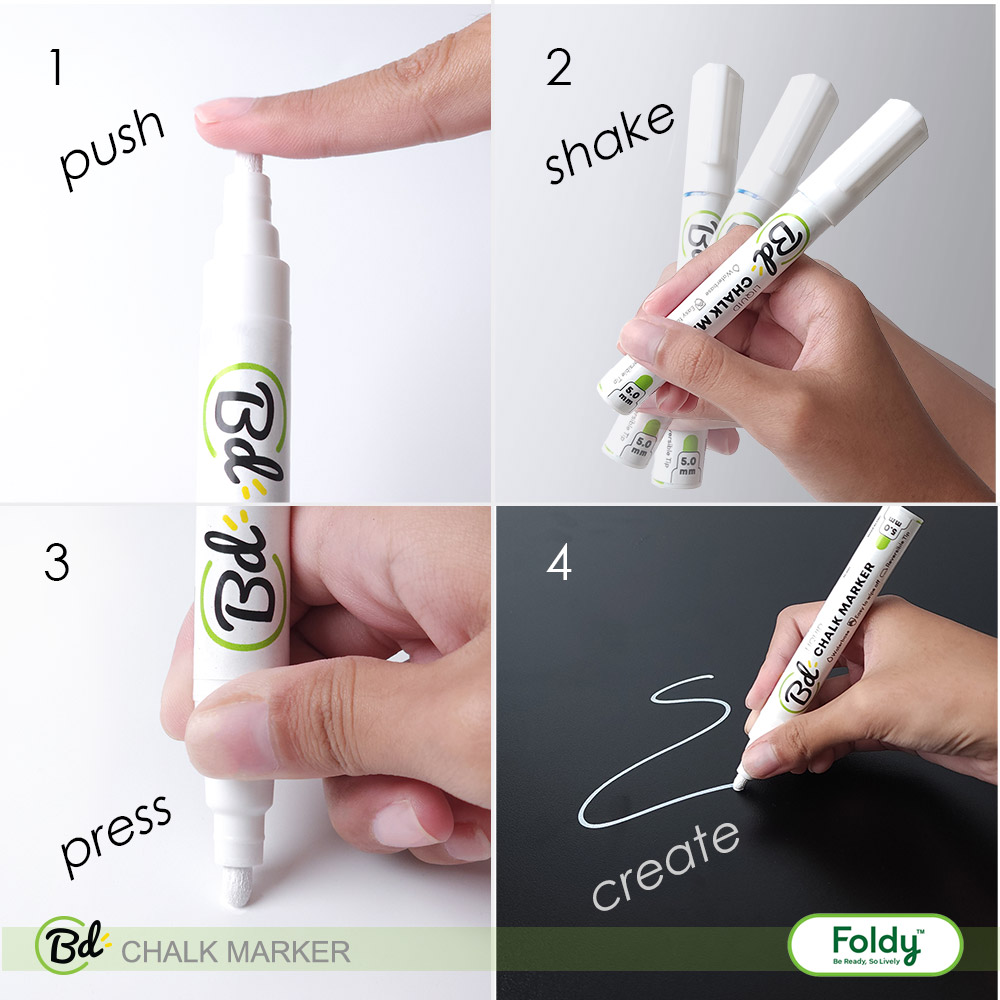 ChalkMarker-setWhite-04 | แฟ้มเมนู Foldy ( Menu1Folder ) Four-panel collage showing Bd Chalk Marker usage: push to dispense, shake, press to prime, then create on a board; logos shown.