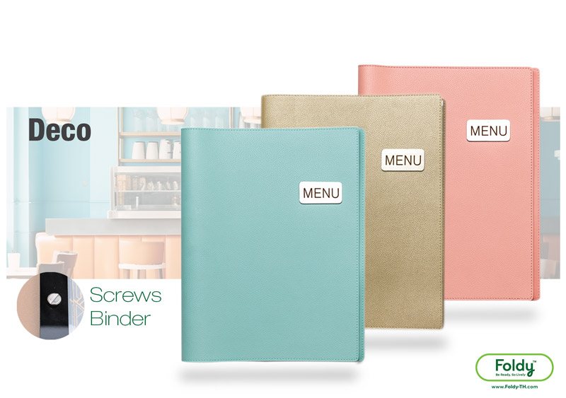 Three pastel menu binders in turquoise, gold, and pink with white 'MENU' tabs, displayed for restaurant use against a light cafe backdrop.